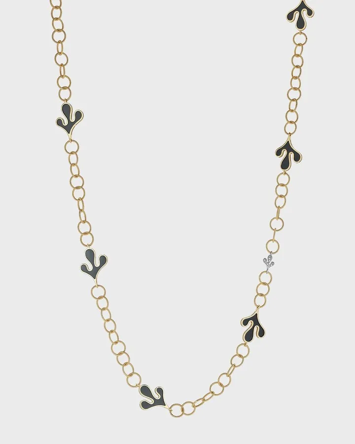 18k Yellow Gold White Diamonds and 7 Black Ceramic Leaf Necklace