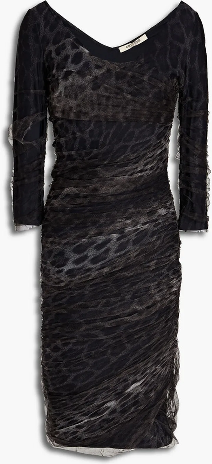 Ruched leopard-print tulle mini dress