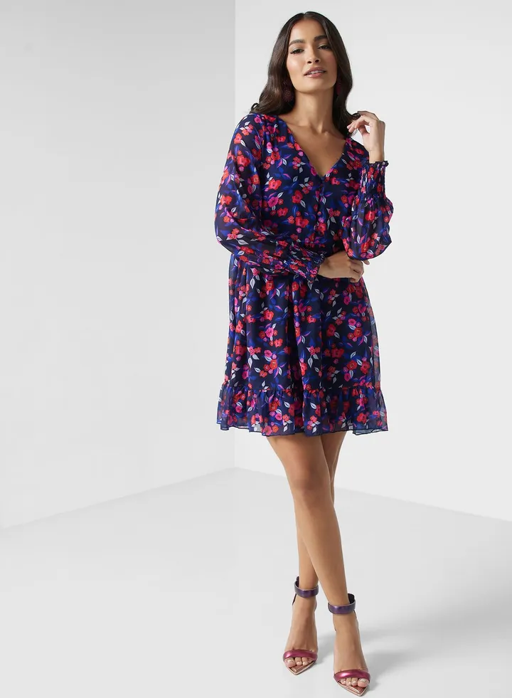 Balloon Sleeve Floral Printed Dress