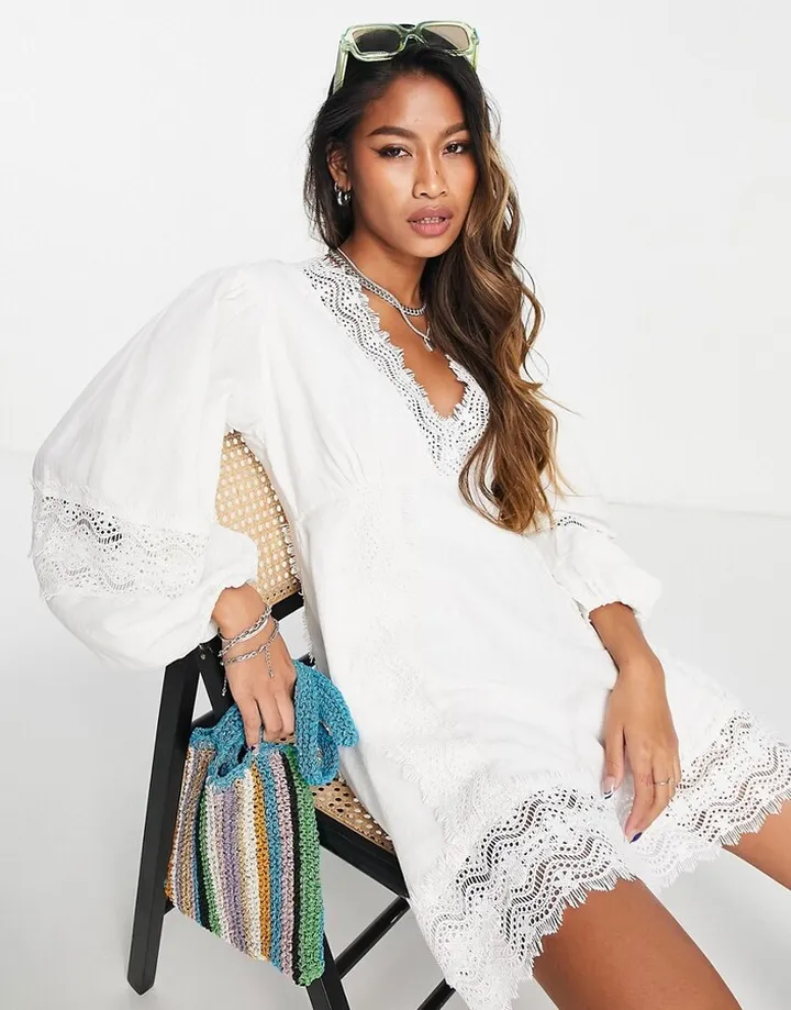 Topshop lace trim v neck long sleeve tea dress in ivory