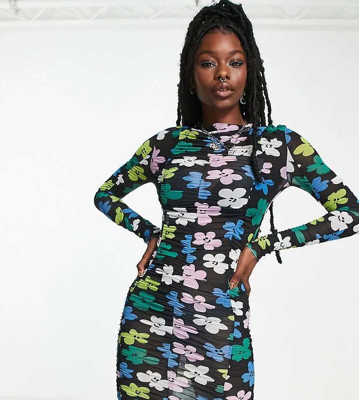 COLLUSION daisy print ruched long sleeve mesh dress in multi