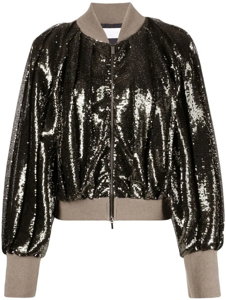 Sequin-Embellished Cropped Bomber Jacket