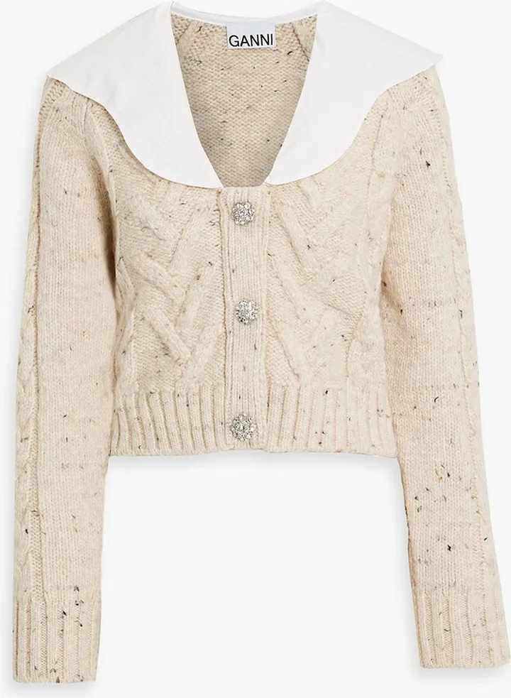 Crystal-embellished poplin-paneled cable-knit cardigan