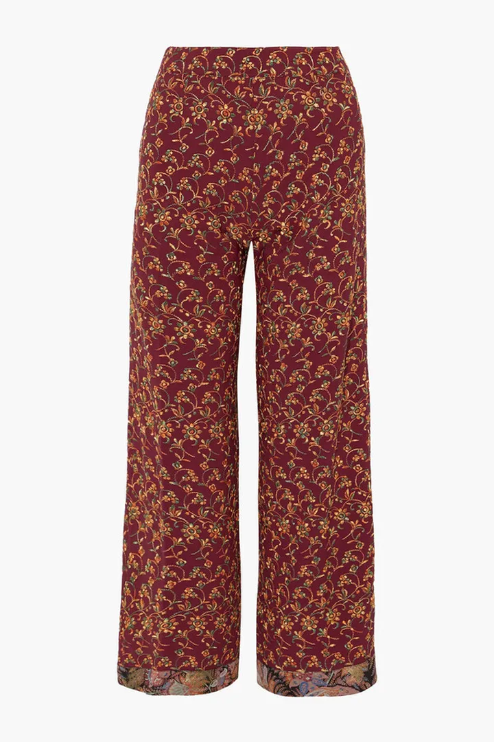 Cropped jacquard-trimmed embroidered crepe wide-leg pants