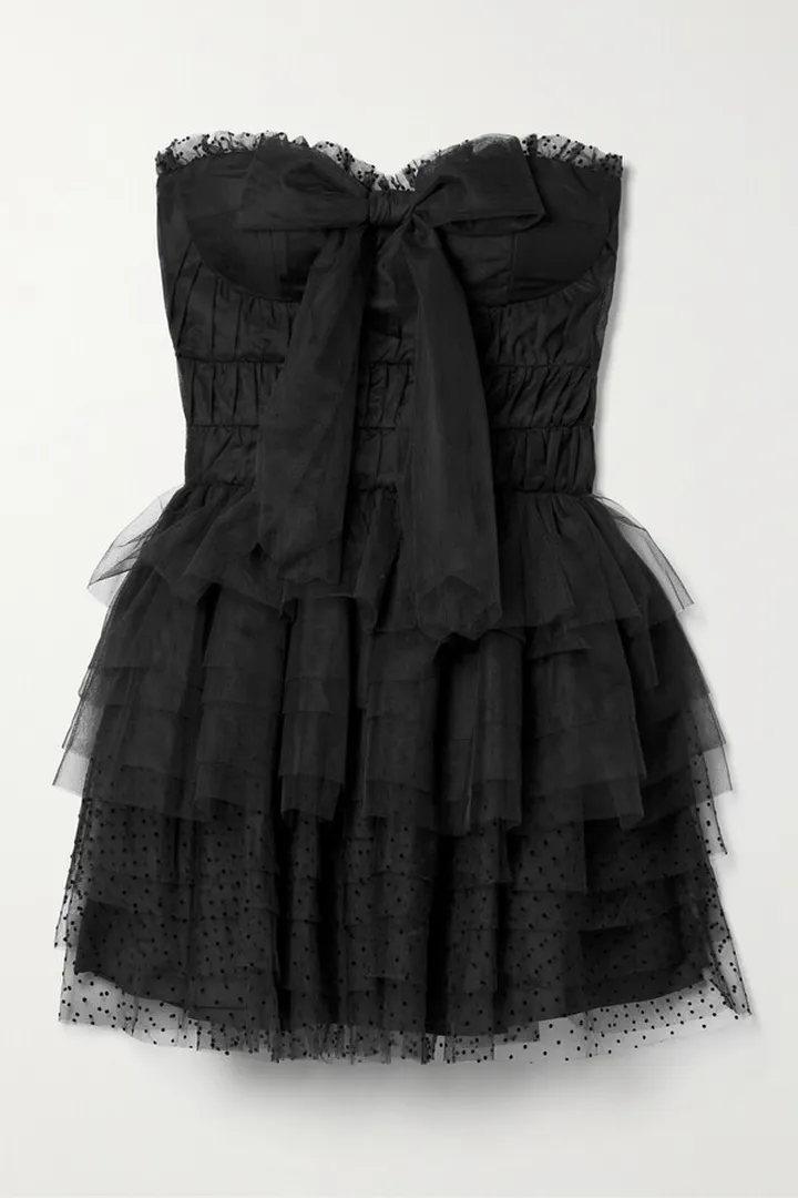 LoveShackFancy - Faron Bow-detailed Tiered Flocked Tulle Mini Dress - Black