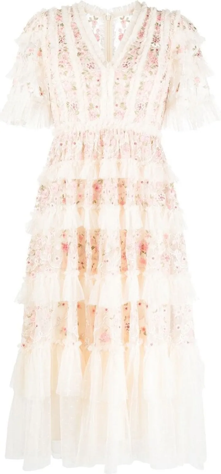 Floral-Embroidery Tiered Midi Dress