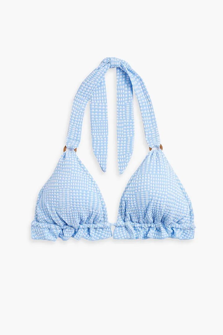 Ruffle-trimmed polka-dot triangle bikini top