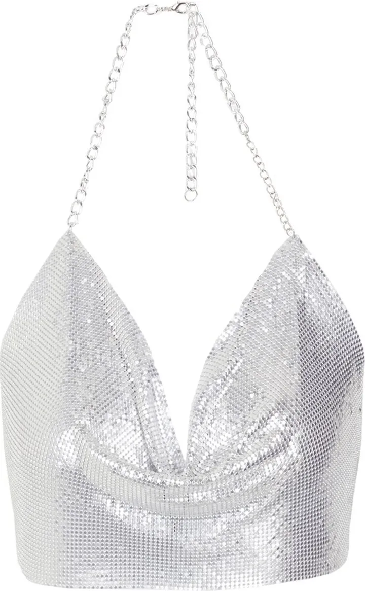 Metal Halter Chain Crop Top Top Silver