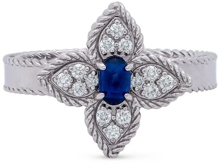 18kt white gold Princess Flower diamond and sapphire ring
