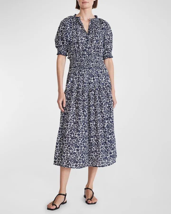 Brijette Floral-Print Puff-Sleeve Midi Dress