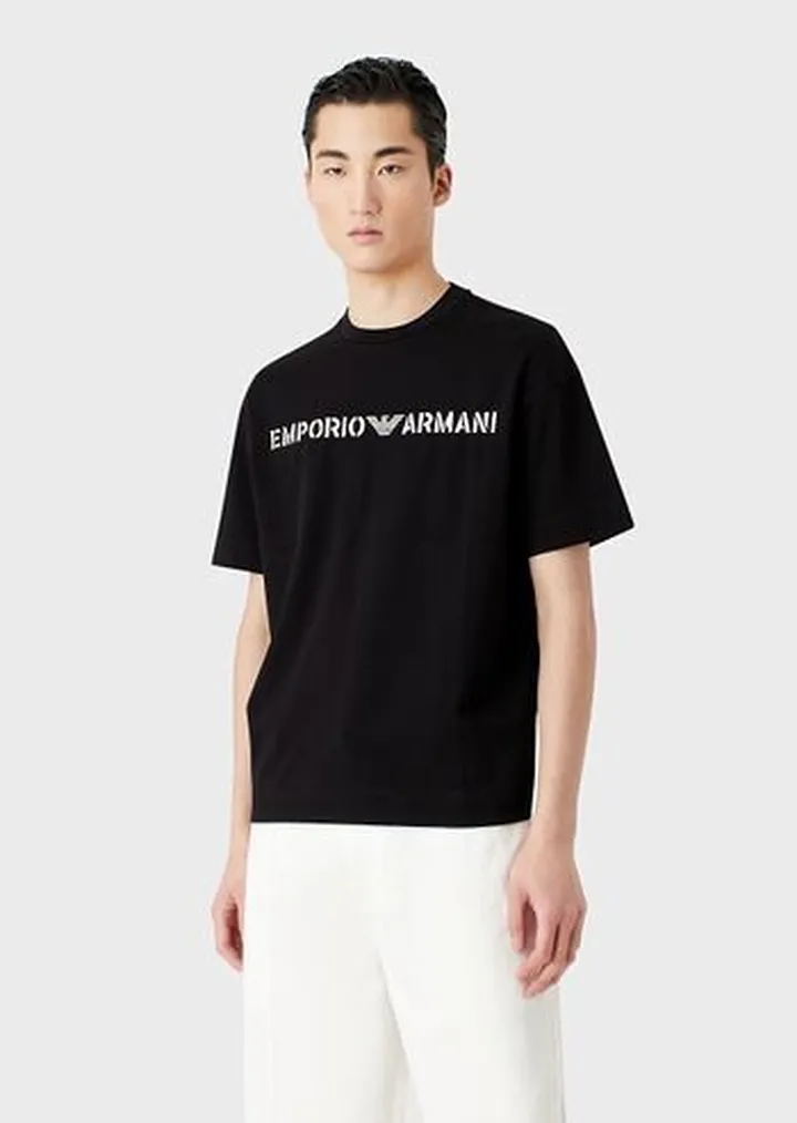 Heavy jersey T-shirt with Emporio Armani embroidery in a military font