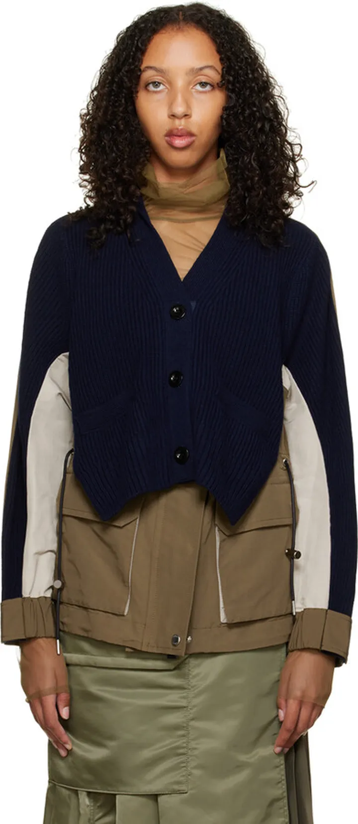 sacai Navy & Khaki Paneled Cardigan
