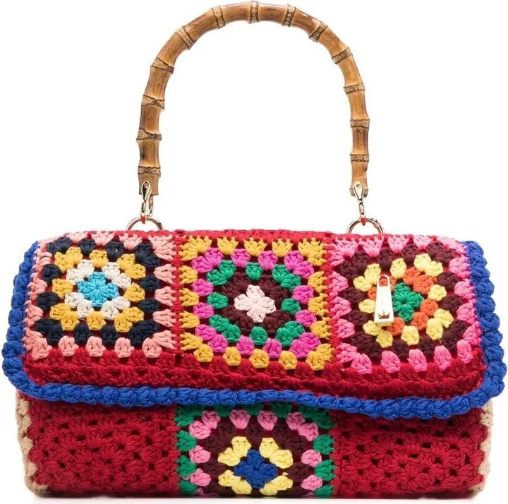 Crochet-Design Bamboo-Handle Tote Bag