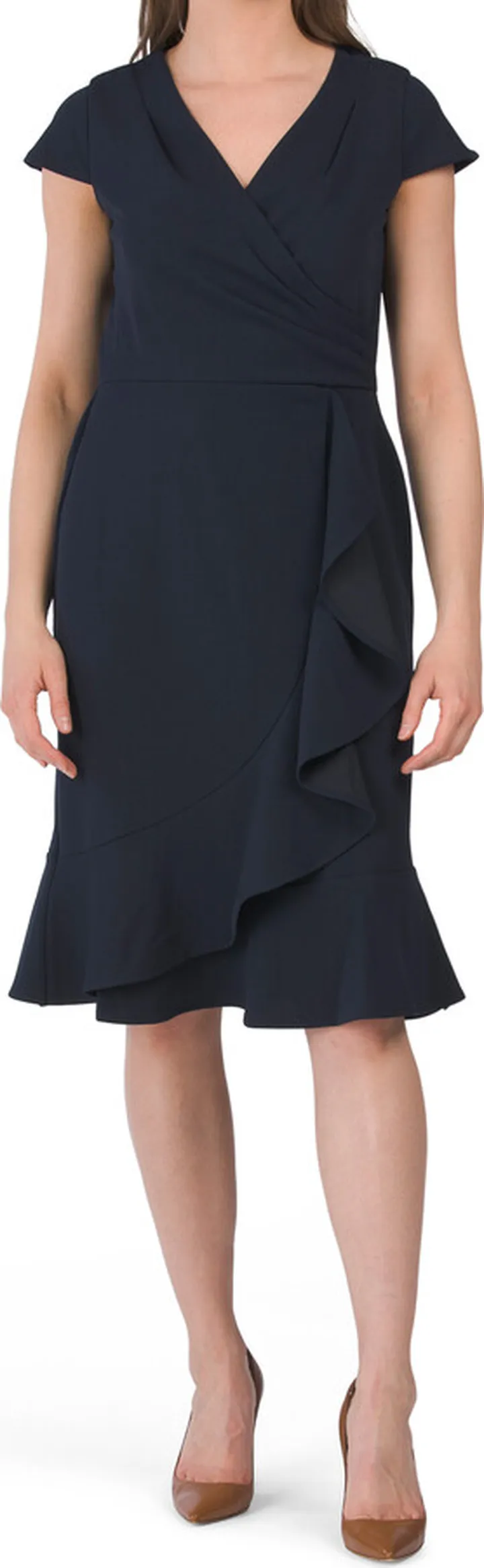 Ruffle V-neck Flirty Scuba Crepe Dress