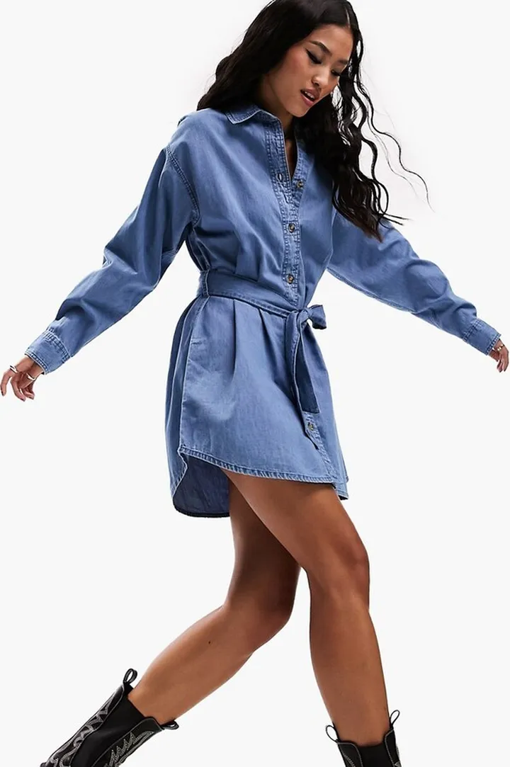 ASOS DESIGN denim mini dress with belt in midwash