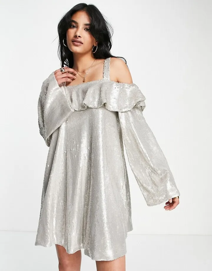 Topshop sequin Bardot flute sleeve dress