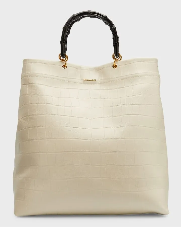 Croc-Embossed Leather & Bamboo Tote Bag