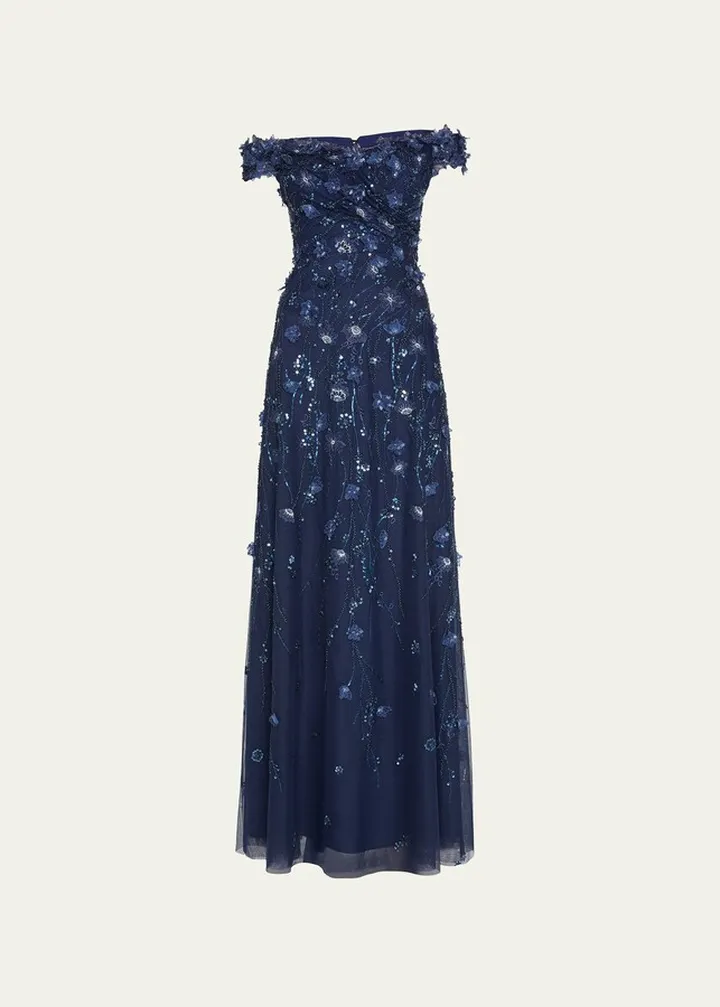 Beaded Off-Shoulder Tulle Gown