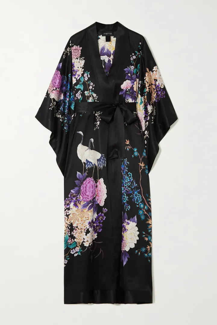 MENG - Belted Printed Silk-satin Robe - Black