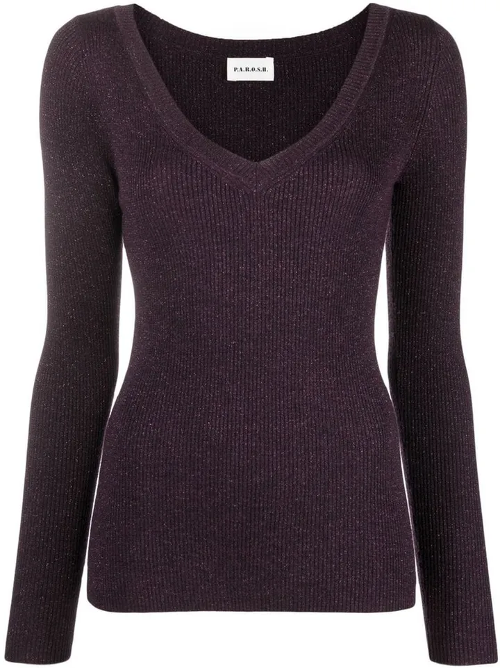 metallic-threading V-neck jumper