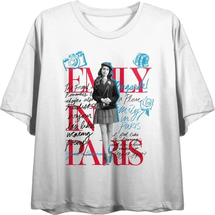 Emily in Paris Sketch Art With Emily and Title Logo Women's White Double Sided Crop Tee-XS