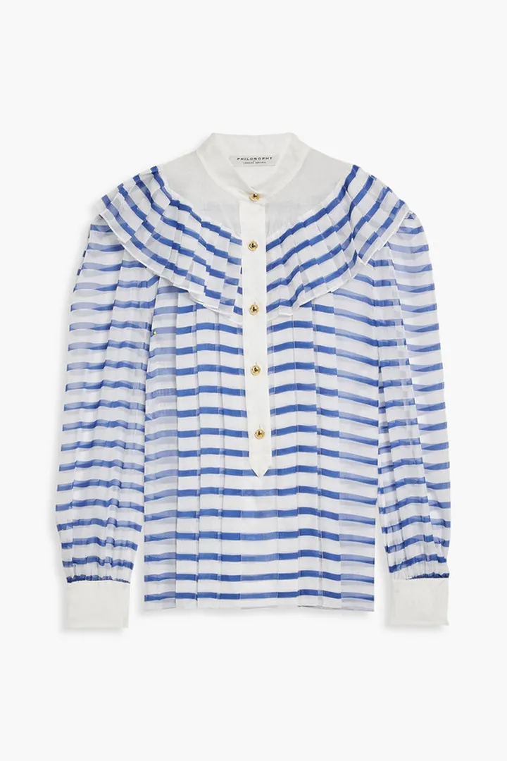 Ruffled pleated striped chiffon blouse