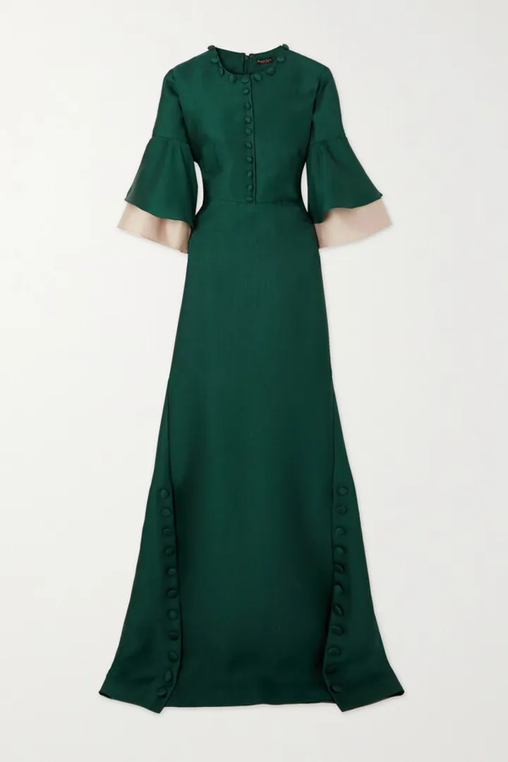 Reem Acra - Button-embellished Ruffled Satin-piqué Gown - Green