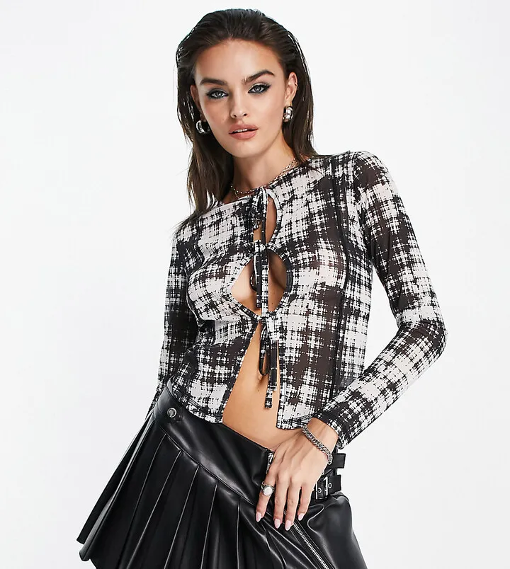 Reclaimed Vintage mesh tie front top in sketchy grunge print - part of a set