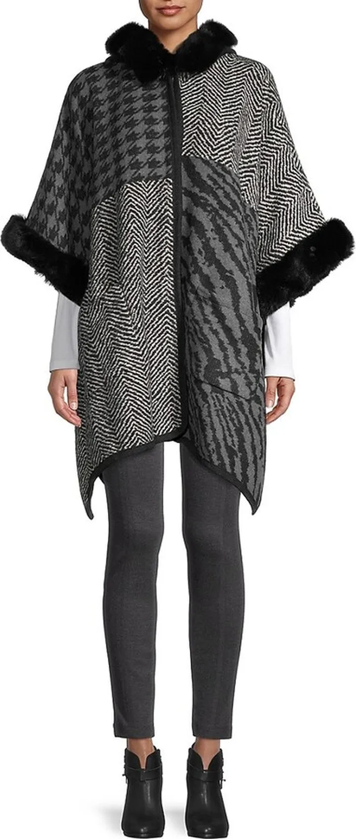 Faux Fur-Trim Patchwork Hooded Cape