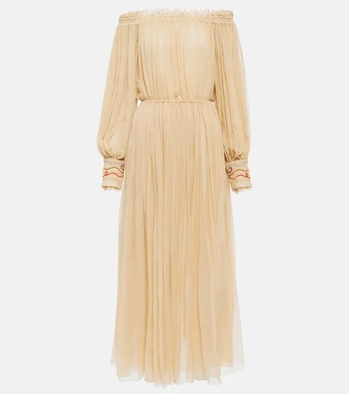 Off-shoulder pleated silk midi dress