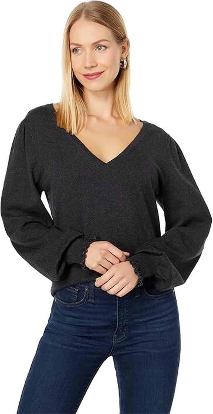 Lilla P Puff Sleeve V-Neck Sweater (Charcoal) Women's Sweater