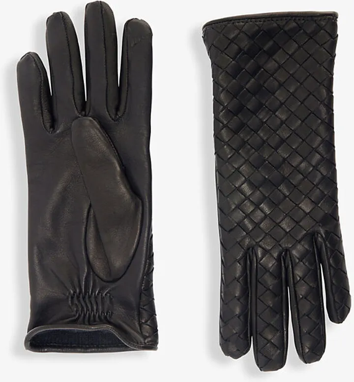 Womens Nero Intrecciato Woven-pattern Leather Gloves