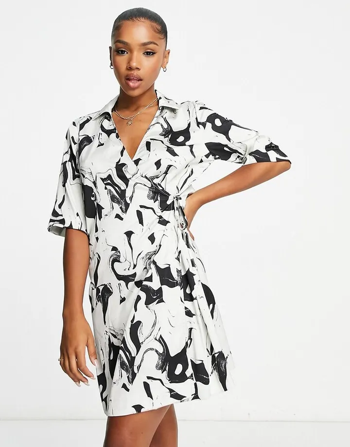 Monki satin mini wrap dress in beige and black marble print
