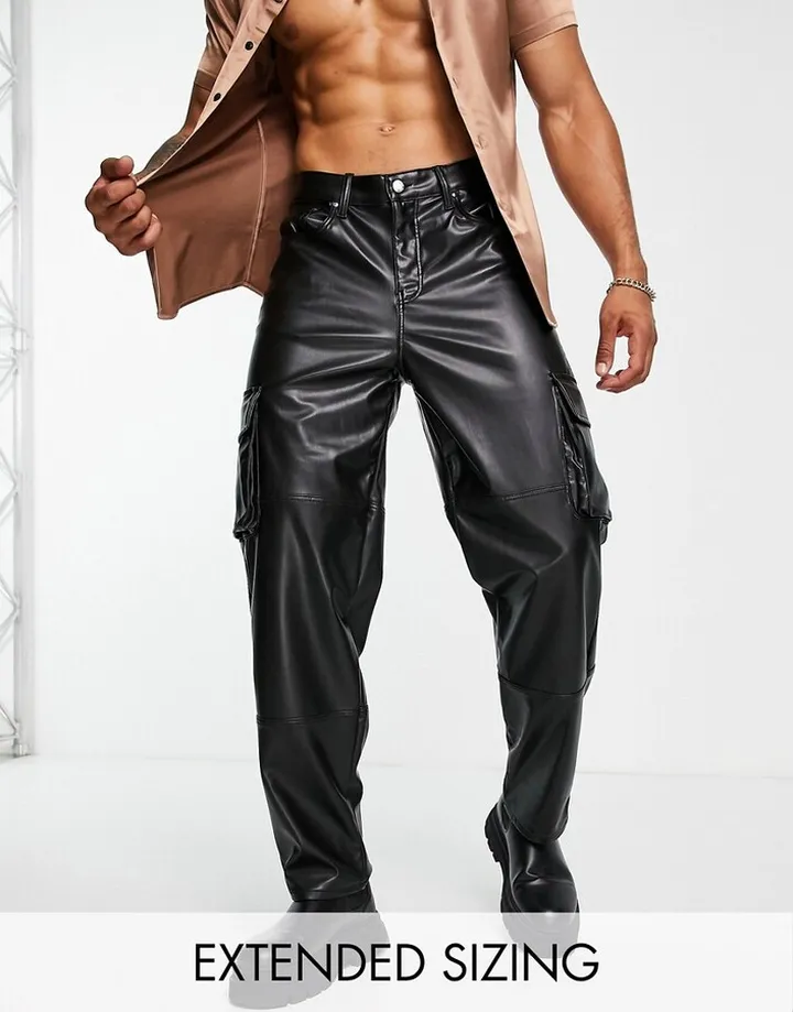 ASOS DESIGN baggy fit cargo jeans in black leather look