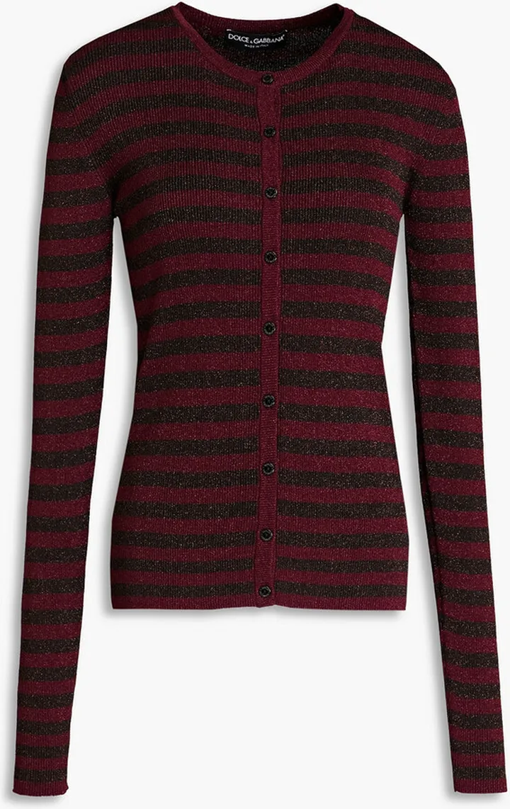 Striped metallic ribbed-knit cardigan