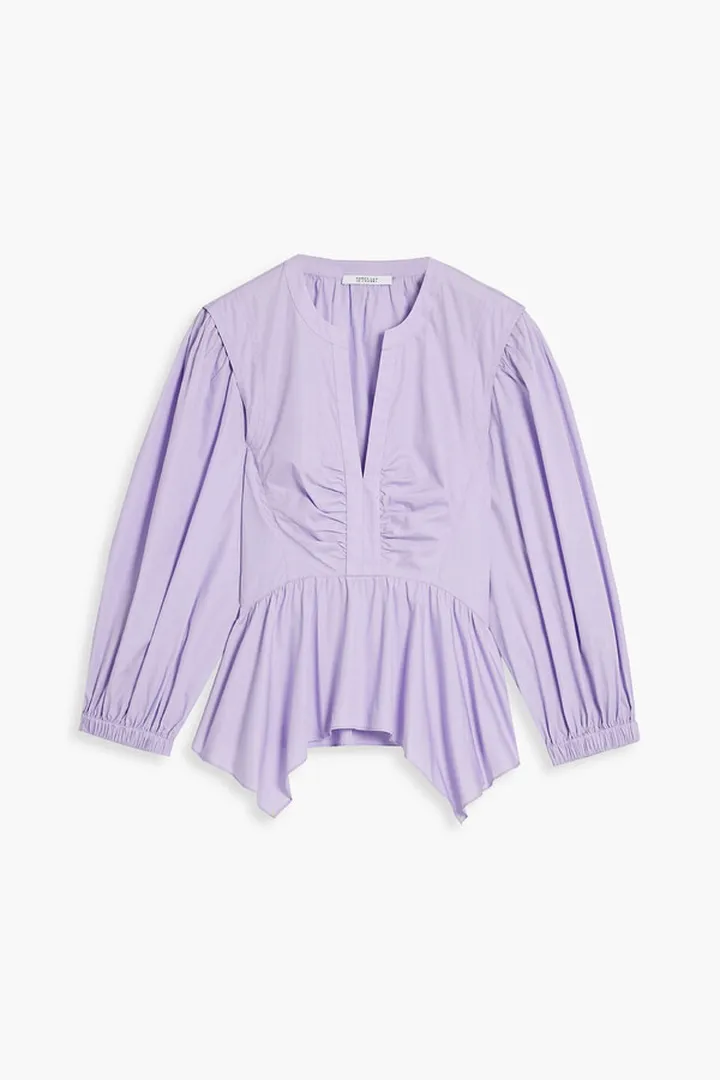 Asymmetric gathered cotton-sateen peplum blouse
