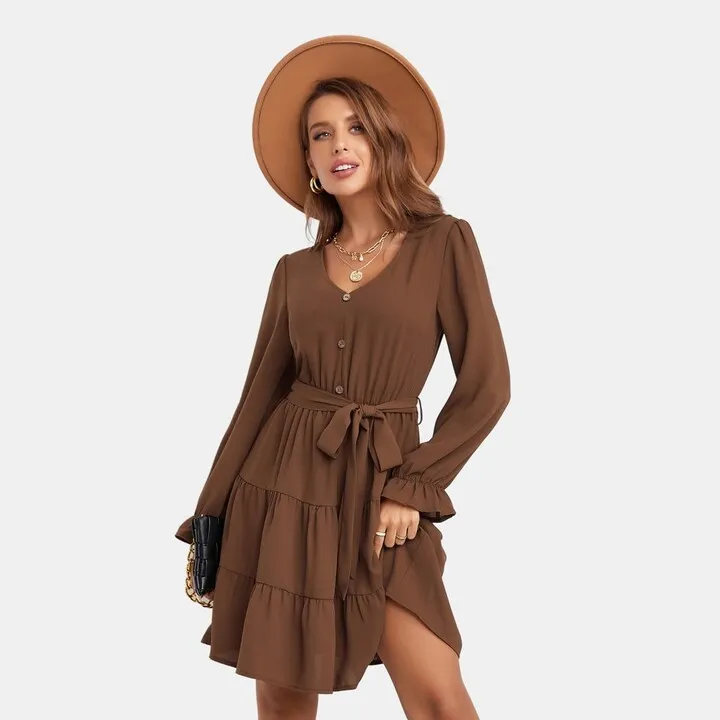Women's Belted Tiered Flounce Dress -Cupshe-S-Brown