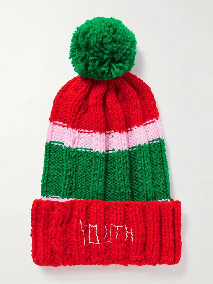 Striped Tasseled Ribbed-Knit Beanie