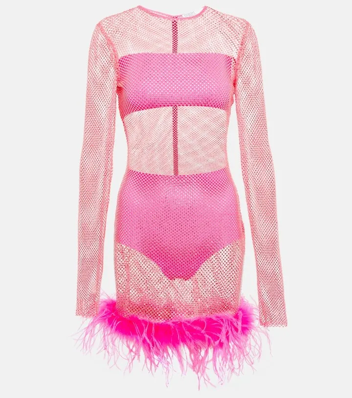 Embellished feather-trimmed minidress