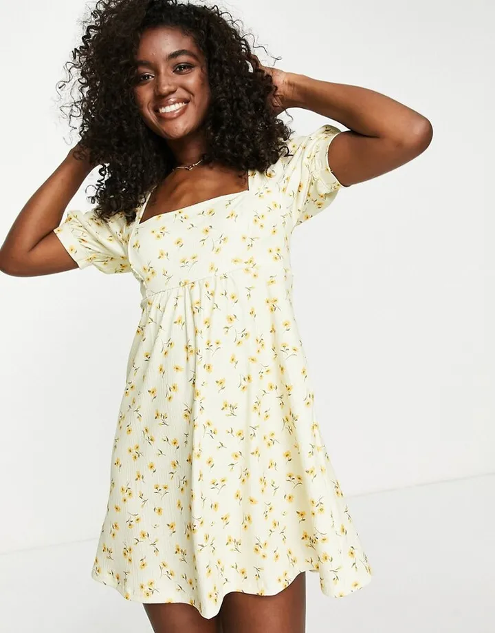 Stradivarius square neck mini dress in white floral print