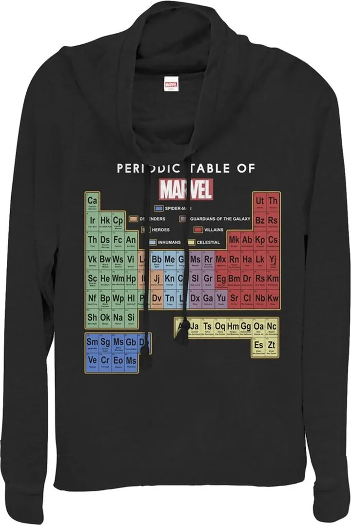 Junior's Marvel Periodic Table of Favorite Heroes Cowl Neck Sweatshirt - Black - X Small