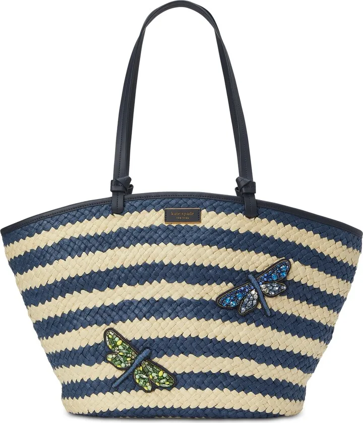 kate spade new york Shore Thing Dragonfly Embellished Striped Straw Large Tote