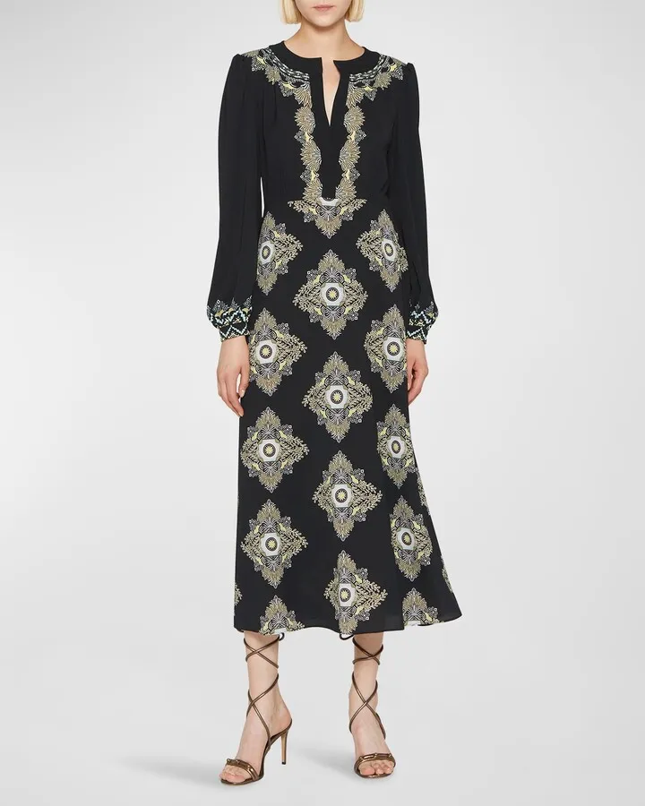 Geo-Print Long-Sleeve Cady Midi Dress