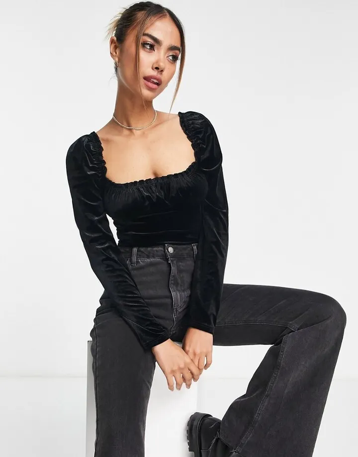 Miss Selfridge velvet milkmaid bodysuit in black