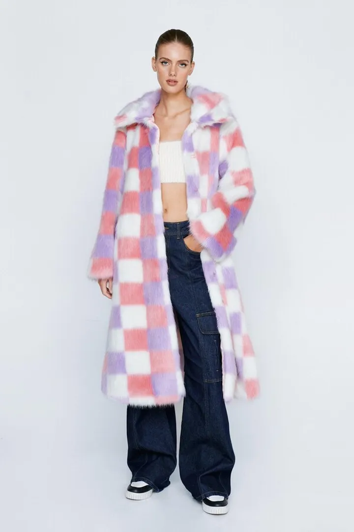Nasty Gal Womens Premium Lilac Checkerboard Long Faux Fur Coat