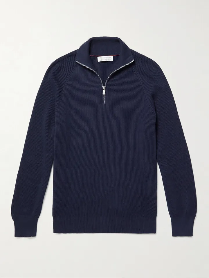 Ribbed Cotton Half-Zip Sweater