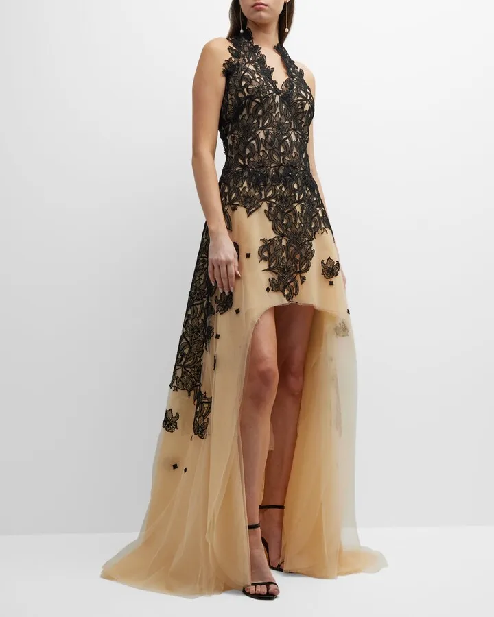 Degrade Floral Lace Overlay Tulle High-Low Halter Gown