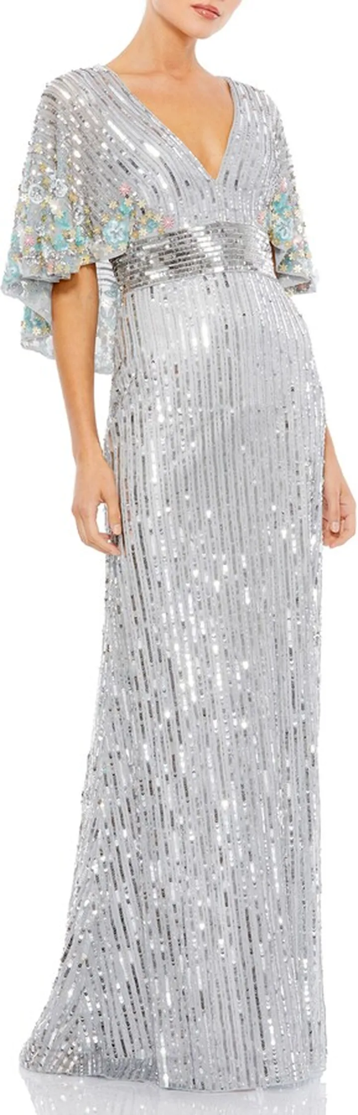 Floral Sequin Capelet Column Gown