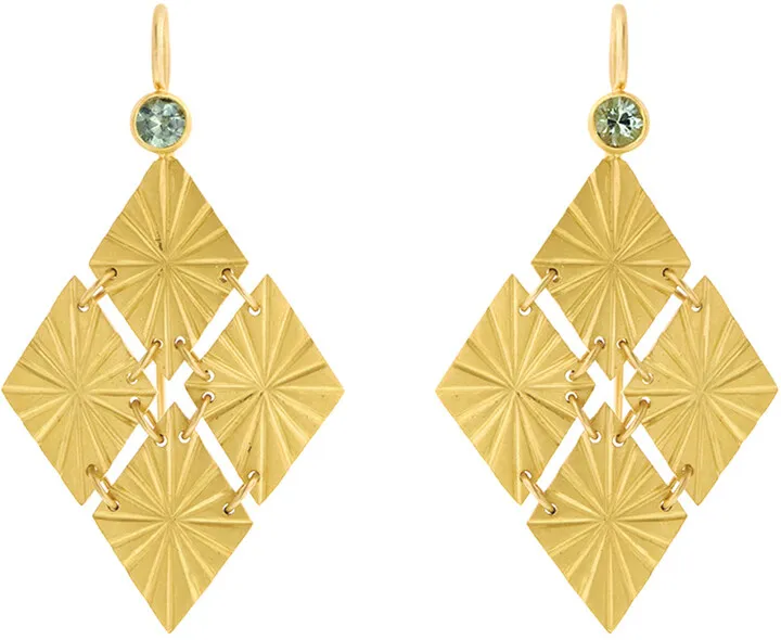 Green Sapphire Cuatro Estrellas Yellow Gold Earrings