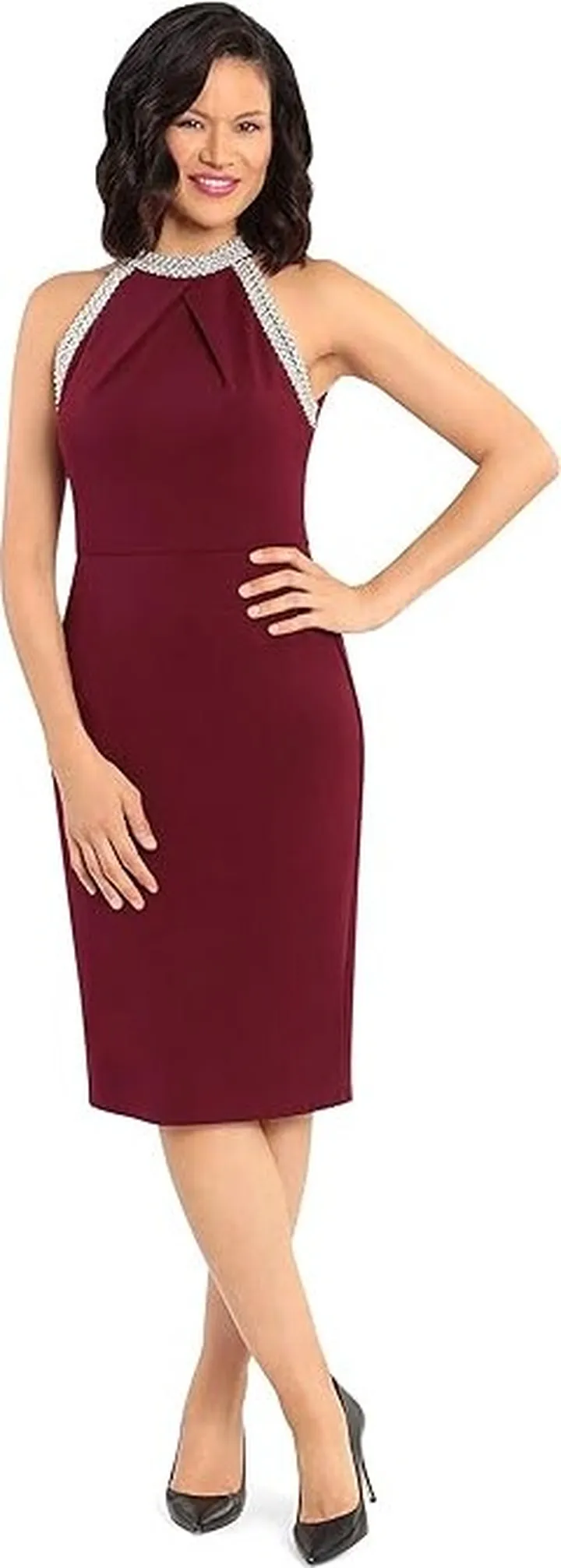 Maggy London Women's Embellished Halter Neck Sleeveless Sheath (Arresting Burgundy) Women's Dress